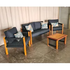 Conjunto Sofá + Poltrona + Mesa De Centro Área Externa Cor Azul e Branco Foto mini 3
