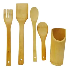 Conjunto Talheres Bambu Jogo Com 5 Peças Utensílio Cozinha Foto mini 3