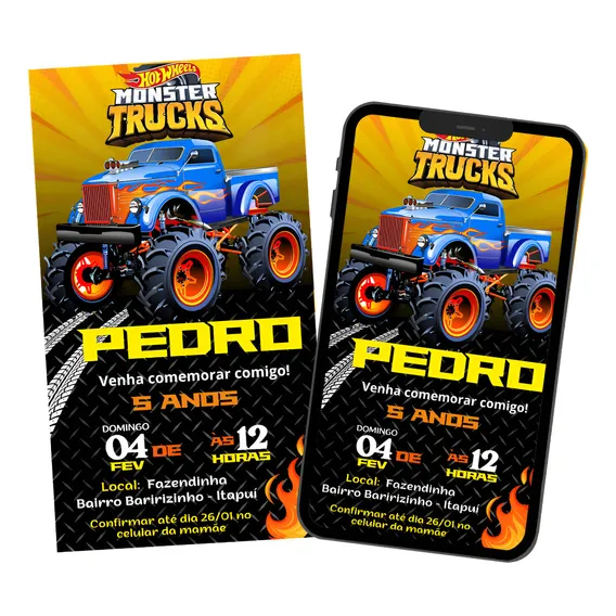 Convite Aniversário Digital Virtual Monster Trucks Foto 1