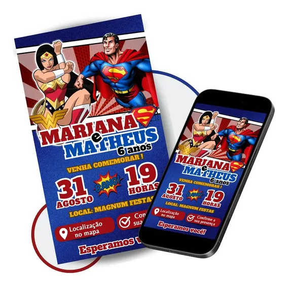 Convite Digital Interativo Superman E Mulher Maravilha Foto 1