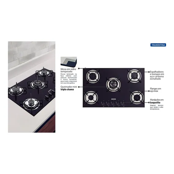 Cooktop à Gás Tramontina Brasil 5 Bocas Preto ? Bivolt Foto 1
