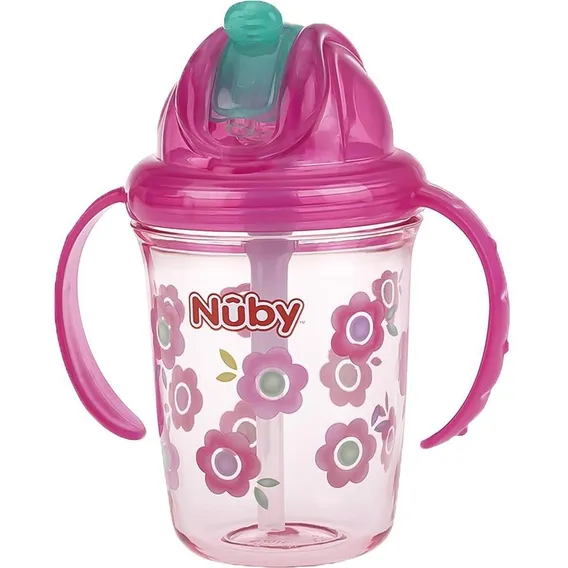Copo Com Canudo E Alça Tritan Rosa Flores 240ml +12m Nuby Foto 1