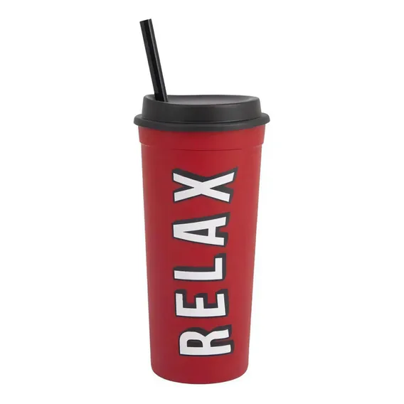 Copo Com Canudo Vermelho Slim Relax 650ml Foto 1