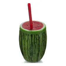 Copo Fruta Melancia Com Canudo 650  Verde Com Vermelho Foto  mini 1