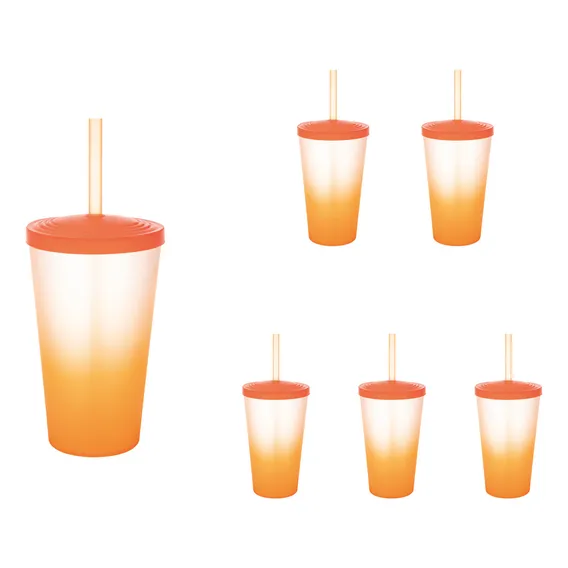 Copos Acrilico Degradê 550ml 6pcs Canudo E Tampa Resistente Cor Laranja Foto 1