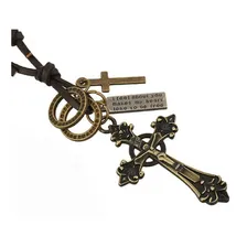 Cordão Colar Masculino Couro Legítimo + Pingente Crucifixo Cor Marrom-escuro Foto  mini 1