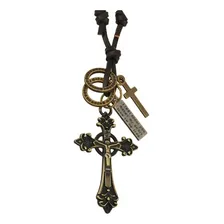 Cordão Colar Masculino Couro Legítimo + Pingente Crucifixo Cor Marrom-escuro Foto mini  2