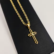 Cordão Com Pulseira + Pingente Cruz Masculino Banhado Ouro Cor Dourado Foto mini  2
