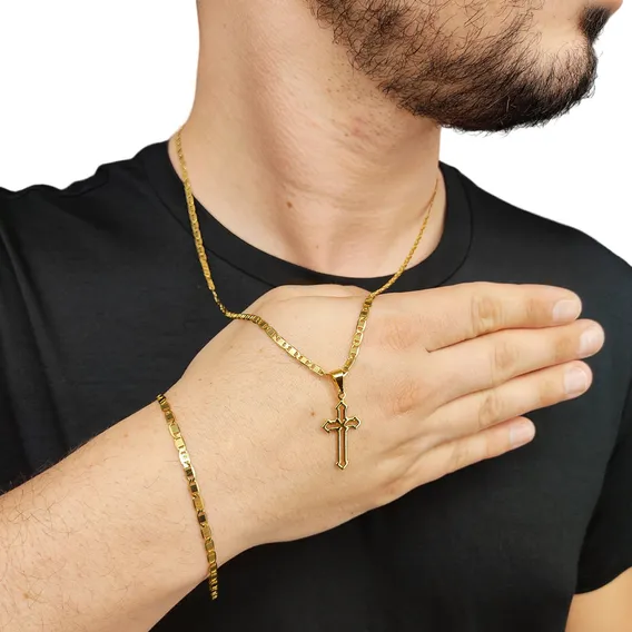 Cordão Com Pulseira + Pingente Cruz Masculino Banhado Ouro Cor Dourado Foto 1