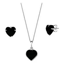 Cordão Feminino Prata 925 Conjunto Brincos Pingente Coração Cor Preto Foto mini 1