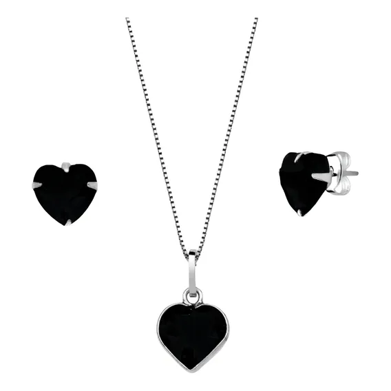 Cordão Feminino Prata 925 Conjunto Brincos Pingente Coração Cor Preto Foto 1