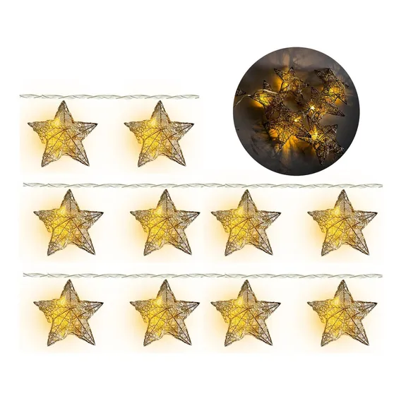 Cordão 10 Estrelas Led Aramado Dourado 1,3 Metros À Pilha Foto 1