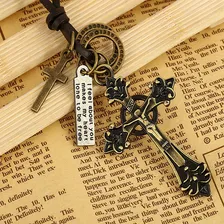 Cordão Colar Masculino Couro LegÃtimo + Pulseira Crucifixo Cor Marrom-escuro Foto mini 4