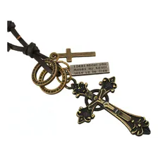 Cordão Colar Masculino Couro LegÃtimo + Pulseira Crucifixo Cor Marrom-escuro Foto mini 2