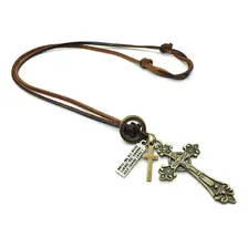 Cordão Colar Masculino Couro LegÃtimo + Pulseira Crucifixo Cor Marrom-escuro Foto mini 3