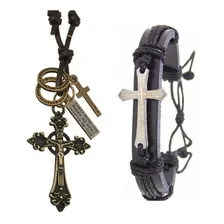 Cordão Colar Masculino Couro LegÃtimo + Pulseira Crucifixo Cor Marrom-escuro Foto mini 1
