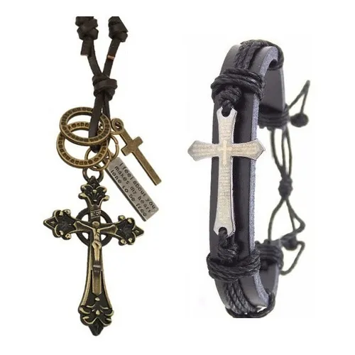 Cordão Colar Masculino Couro LegÃtimo + Pulseira Crucifixo Cor Marrom-escuro Foto 1