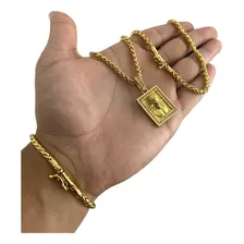 Cordão + Pulseira Peruano 4mm Pingente Jesus Banhado A Ouro Foto mini 1