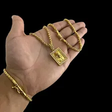 Cordão + Pulseira Peruano 4mm Pingente Jesus Banhado A Ouro Foto mini 4