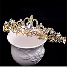 Coroa Tiara Arranjo Cabelo Noiva Strass Dourada Debutante Foto mini 2