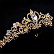 Coroa Tiara Arranjo Cabelo Noiva Strass Dourada Debutante Foto mini 3