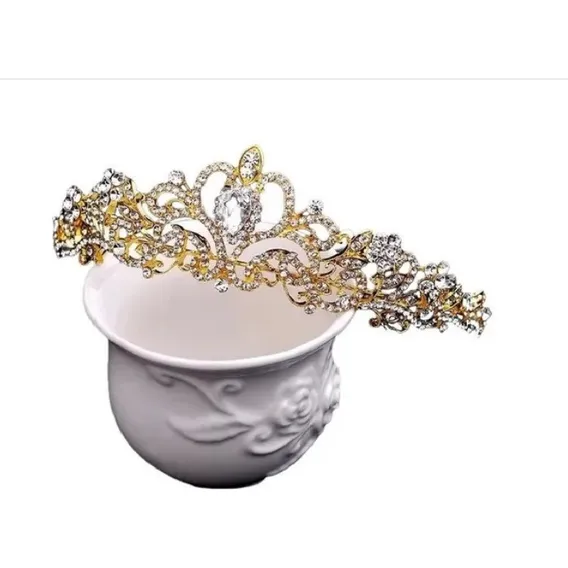 Coroa Tiara Arranjo Cabelo Noiva Strass Dourada Debutante Foto 1