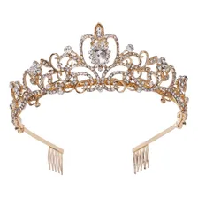 Coroa Tiara Noiva Enfeite Casamento Debutante Strass Dourado Foto mini 4