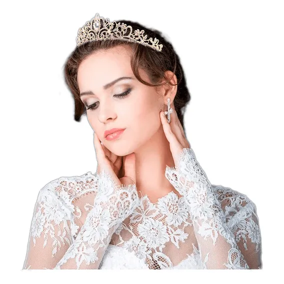 Coroa Tiara Noiva Enfeite Casamento Debutante Strass Dourado Foto 1