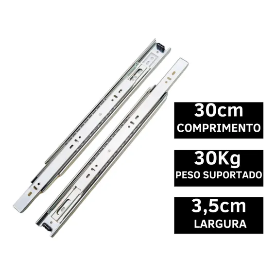 Corrediça Gaveta Trilho Telescópico 30cm 300mm Par 30kg Foto 1