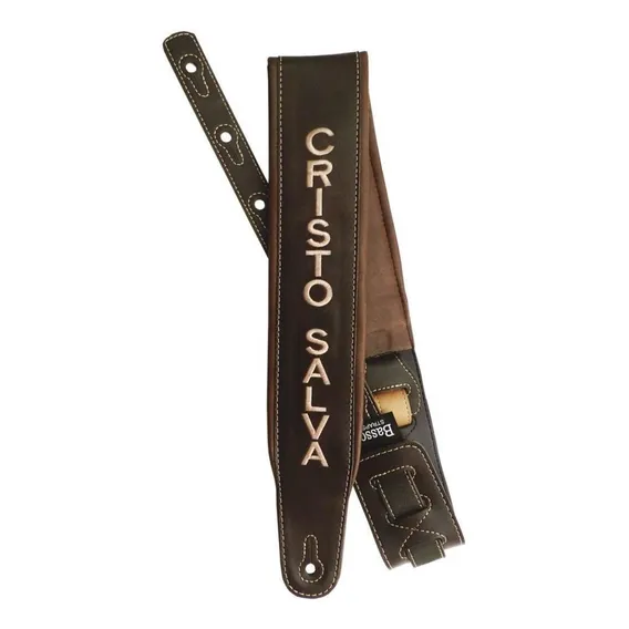 Correia Guitarra Violão Baixo Basso Alça Cristo Salva Marrom Foto 1