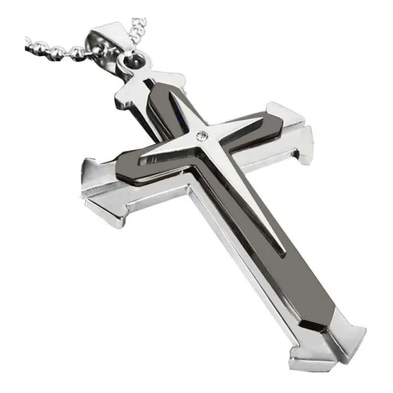 Corrente Aço Inox Cordão Pingente Cruz Crucifixo Preto Foto 1