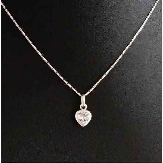 Corrente Colar 45cm Ponto De Luz Coração Zirconia Prata 925 Foto 1