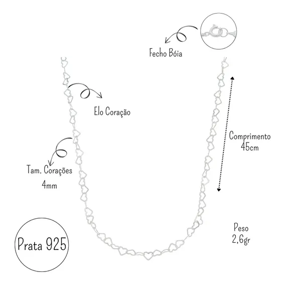 Corrente Colar Feminino Prata 925 Coração Elo Legítima 45cm Foto 1