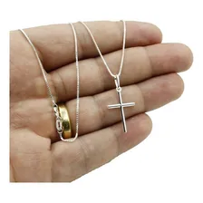 Corrente De Prata 925 Veneziana 50cm Pingente Cruz Palito Cor Prateado Foto mini 3