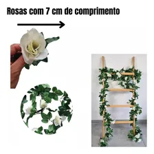 Corrente De Rosas 2 Metros Trepadeira Artificial Folhagem Branca Foto mini  3