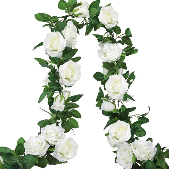 Corrente De Rosas 2 Metros Trepadeira Artificial Folhagem Branca Foto 1