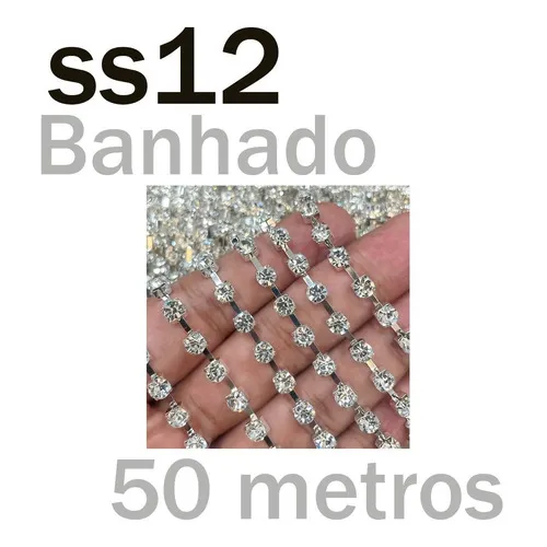 Corrente De Strass Cordão Ss12 Prata Crystal - 50 Metros Foto 1
