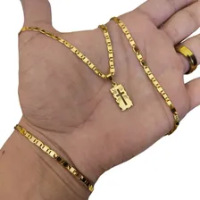 Corrente E Pulseira Piastrine Pingente Medalha Banhada Ouro Cor Dourado Foto  mini 1