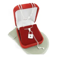 Corrente Feminina 42cm Cadeado Chave Folheada Prata Gg166 Foto mini 3