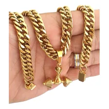 Corrente Grume 60cm 10mm E Pingente Halteres Banhado A Ouro Foto mini 4