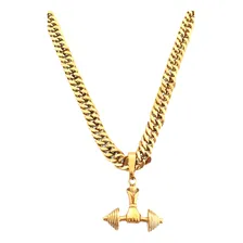Corrente Grume 60cm 10mm E Pingente Halteres Banhado A Ouro Foto mini 2