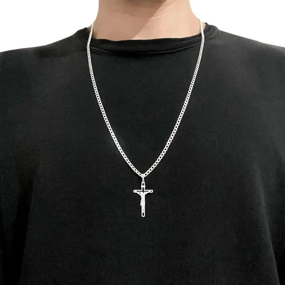 Corrente Grumet 70cm 3mm Pingente Crucifixo Jesus Prata 925 Foto 1