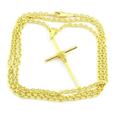 Corrente Masculina 70cm 2mm Cruz 4cm Folheada Ouro Cr577 Foto mini 2