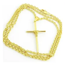 Corrente Masculina 70cm 2mm Cruz 4cm Folheada Ouro Cr577 Foto mini 1