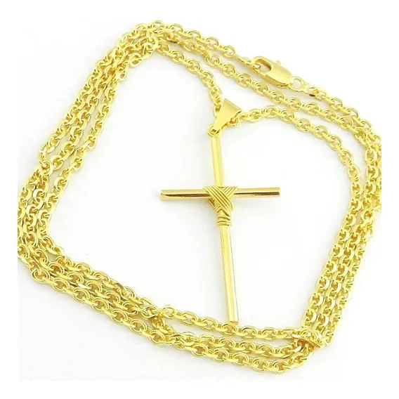 Corrente Masculina 70cm 2mm Cruz 4cm Folheada Ouro Cr577 Foto 1