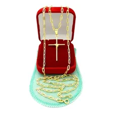 Corrente Masculina 90cm 3mm + Cruz 35mm Folheado Ouro Cr682 Cor Dourado Foto mini 2