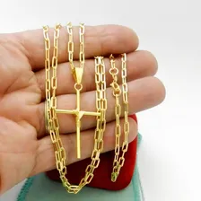 Corrente Masculina 90cm 3mm + Cruz 35mm Folheado Ouro Cr682 Cor Dourado Foto mini 3