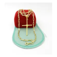 Corrente Masculina 90cm 3mm + Cruz 35mm Folheado Ouro Cr682 Cor Dourado Foto mini 1