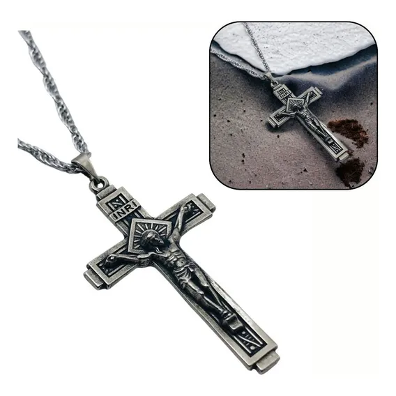 Corrente Masculina Crucifixo Cristo Lisboa Aço Inox Foto 1