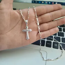 Corrente Masculina De Prata Cadeado Pingente Crucifixo Cruz Foto mini  3